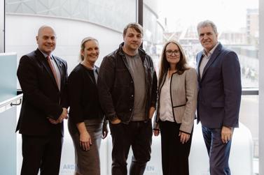 From L R Cllr Liam Robinson, Helen Roberts, Nathan Spencer, Faye Dyer And Mayor Steve Rotheram At Liverpool Experience Campus